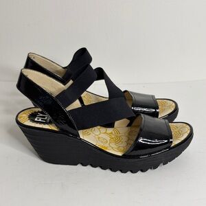 Fly London Sandals Womens 40 9 9.5 Black Patent Leather Ankle Strap Wedge Heels